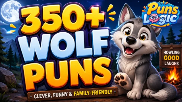 350+ wolf puns thumbnail with a cheerful cartoon wolf in a moonlit forest