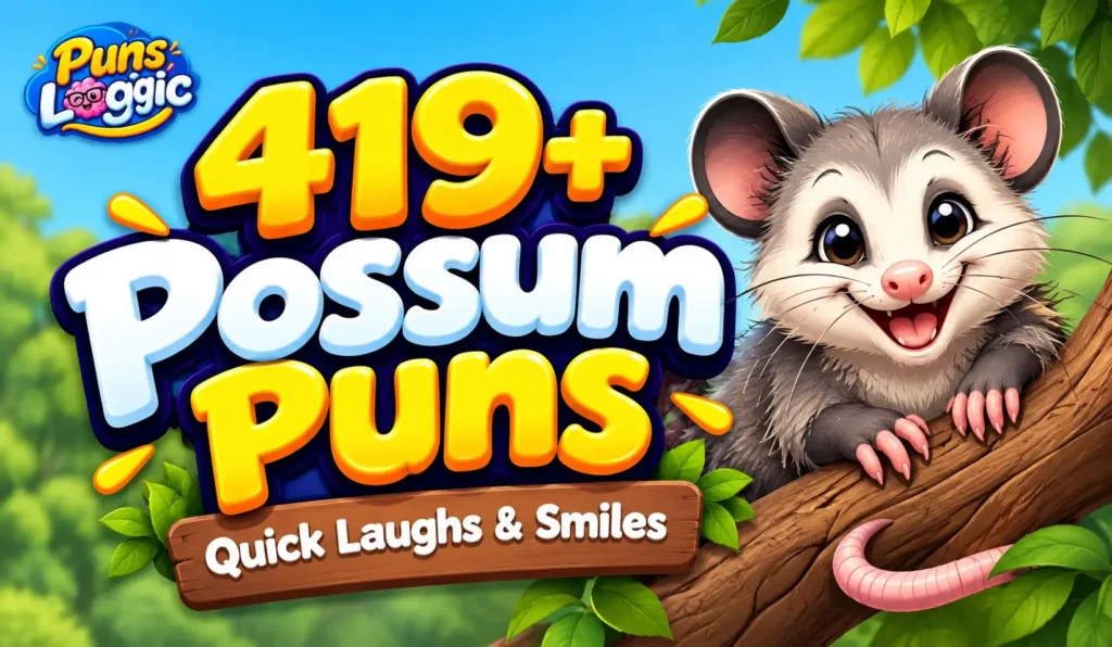 419+ possum puns thumbnail with a cute cartoon possum and Puns Logic branding