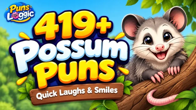 419+ possum puns thumbnail with a cute cartoon possum and Puns Logic branding