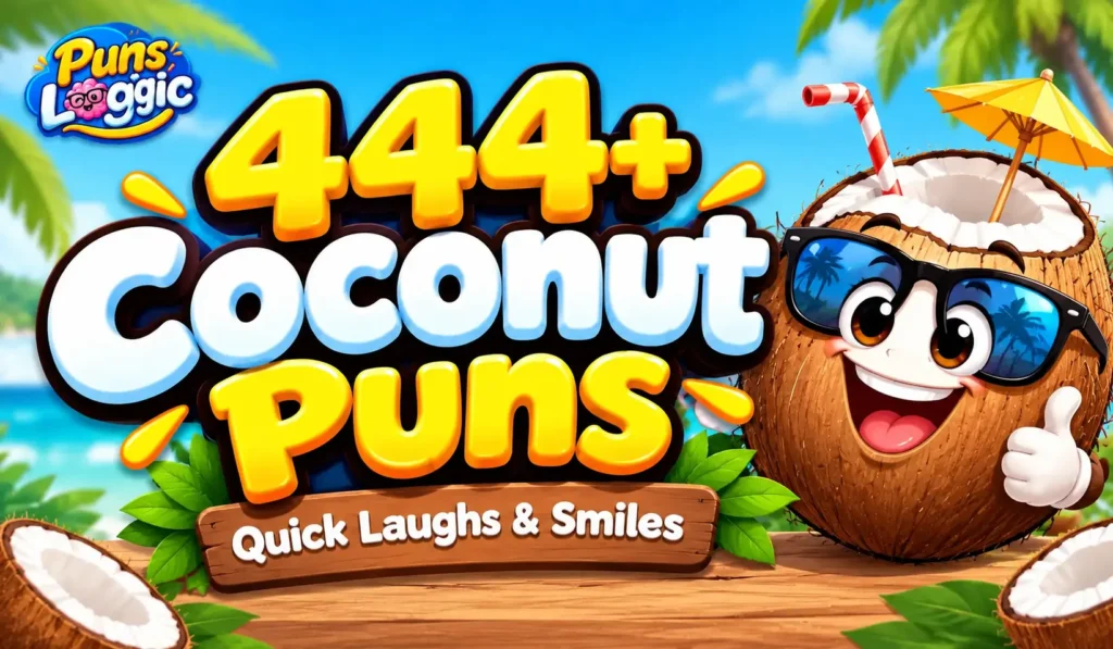 444+ coconut puns thumbnail with a fun cartoon coconut and Puns Logic logo