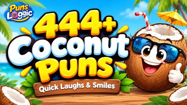 444+ coconut puns thumbnail with a fun cartoon coconut and Puns Logic logo