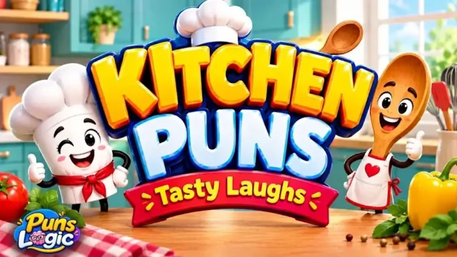 3D cartoon image featuring the text "KITCHEN PUNS Tasty Laughs" with a chef-toque marshmallow character and a smiling wooden spoon character, watermarked with "Puns Logic".